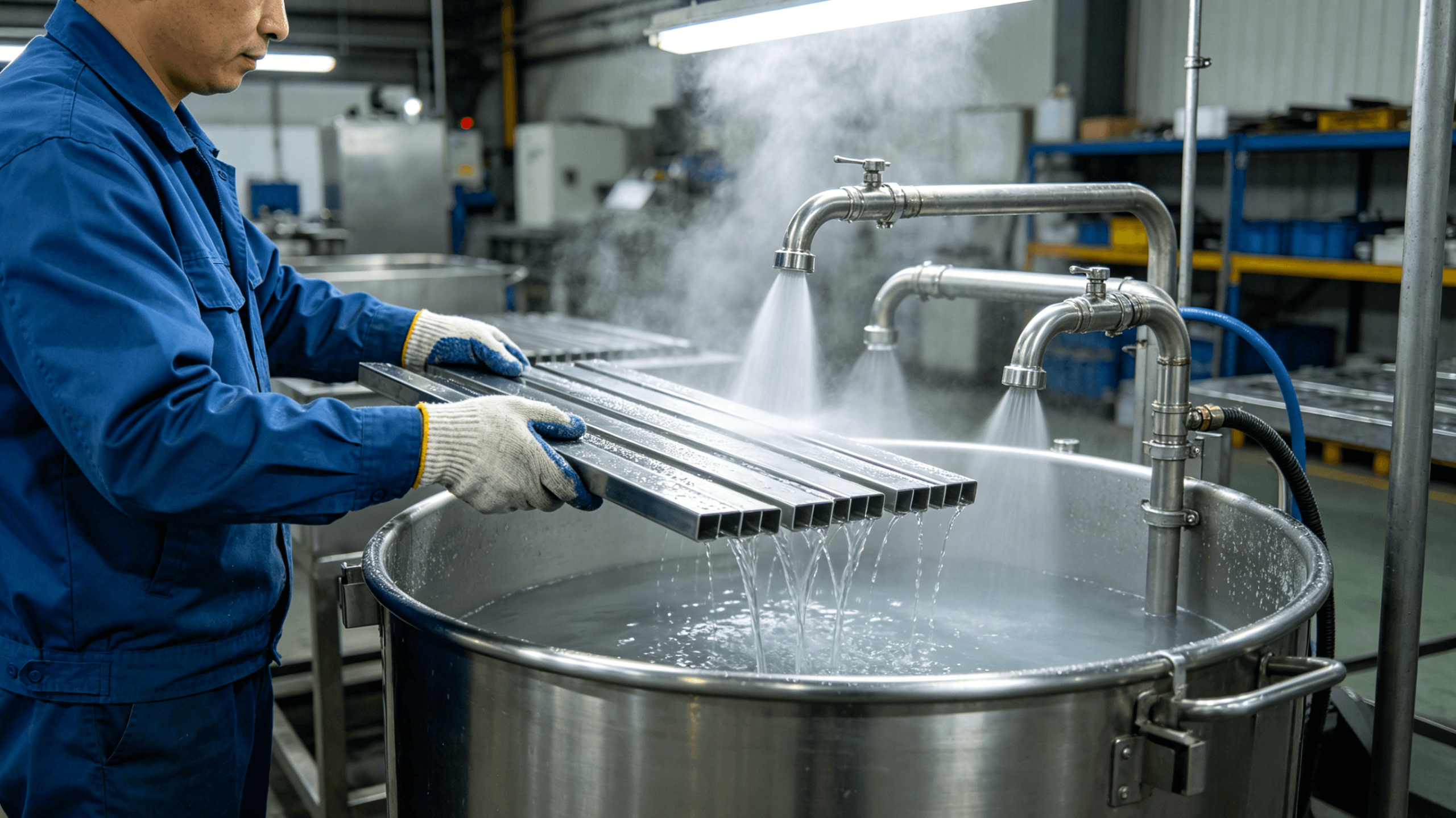 Worker cleaning CNC machined aluminum profiles in industrial washing tank for surface finishing treatment